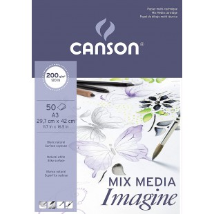 CANSON Imagine, Papier Multitechnique, Grain Leger, 200gsm, 120lb, Bloc Colle Petit Cote, A3-29,7x42cm, Blanc Naturel, 50feuille