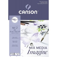 CANSON Imagine, Papier Multitechnique, Grain Leger, 200gsm, 120lb, Bloc Colle Petit Cote, A4-21x29,7cm, Blanc Naturel, 50feuille