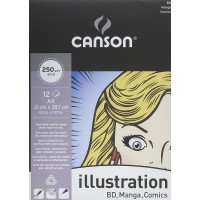 CANSON, Papier Illustration BD, Lisse, 250gsm, 90lb, Bloc Colle Petit Cote, A4-21x29,7cm, Extra Blanc, 12feuilles