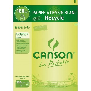 CANSON Pochette papier a  dessin blanc recycle A3 8 feuilles 160g/m²