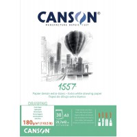 CANSON 1557, Papier Dessin Blanc, Grain Leger, 180gsm, 110.5lb, Bloc Colle Petit Cote, A3-29,7x42cm, Extra Blanc, 30feuilles