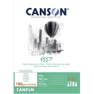 CANSON 1557, Papier Dessin Blanc, Grain Leger, 180gsm, 110.5lb, Bloc Colle Petit Cote, A3-29,7x42cm, Extra Blanc, 30feuilles
