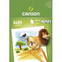 CANSON Kids, Papier Dessin Blanc, Grain Leger, 90gsm, 55lb, Bloc Colle Petit Cote, A4-21x29,7cm, Blanc, 30feuilles