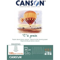 CANSON "C" a  grain, Papier Dessin Blanc, Grain Fin, 180gsm, 110.5lb, Bloc Colle Petit Cote, A4-21x29,7cm, Blanc Naturel, 30feui