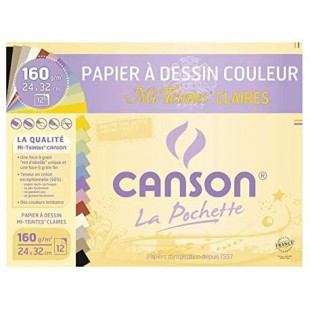 Pochette CansonPapier Dessin Couleur Mi-TeintesClaires 24X32Cm 12 Feuilles 160G/m²