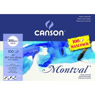 CANSON Montval, Papier Aquarelle, Grain Fin, 300gsm, 140lb, Bloc Colle Grand Cote, A3-29,7x42cm, Blanc, 100feuilles