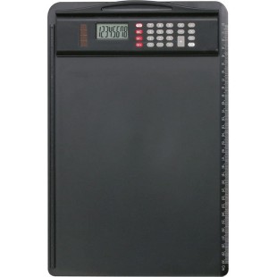 0085 - Presse-papiers en plastique, noir, env. 35 x 23 cm, planche avec pince, rail de montage et calculatrice amovible