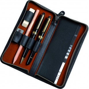 2638 etui en Cuir veritable pour 3 stylos et Accessoires Noir 17,5 x 8 x 2,5 cm