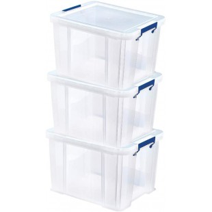Bankers Box Lot de 3 Boites de rangement ProStore 36 L, 30 x 37 x 31 cm, avec couvercle et poignees, empilable, plastique transp
