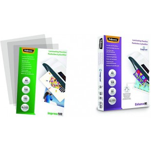 Fellowes 5351111 Pochettes de plastification brillantes Impress 100 microns A4 - Pack de 100 Transparent & 5306002 Pochettes de 