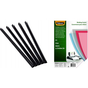 Fellowes 5384001 Pack de 50 Baguettes de reliure manuelle Relido 9-12 mm Noir & 5376102 - Couvertures de reliure PVC transparent