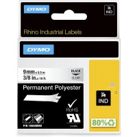 Dymo Rhino etiquettes Industrielles Polyester Permanent 9 mm x 5,5m - Noir sur Transparent