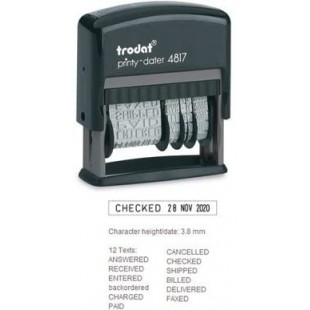 Formulaire de timbre a  date Trodat Printy 4817, auto-encreur, avec 12 textes commerciaux en allemand, encre noire.