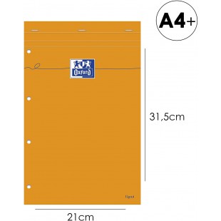 OXFORD Bloc-Notes Perfore Orange A4+ Ligne 8mm Marge 80 Feuilles Agrafees Couverture Carte Enduite Orange