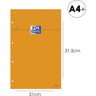 OXFORD Bloc-Notes Perfore Orange A4+ Ligne 8mm Marge 80 Feuilles Agrafees Couverture Carte Enduite Orange