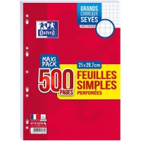 Oxford Lot de 500 Pages Feuilles Simples Perforees A4 (21 x 29,7 cm) 90 g Grands Carreaux Seyes - Maxi Pack 400019083
