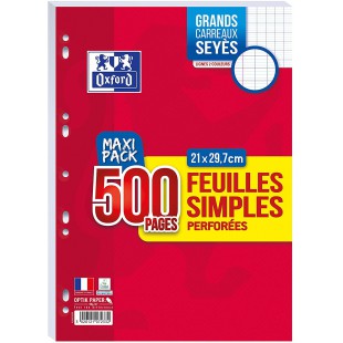 Oxford Lot de 500 Pages Feuilles Simples Perforees A4 (21 x 29,7 cm) 90 g Grands Carreaux Seyes - Maxi Pack 400019083