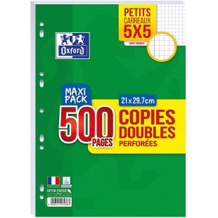 OXFORD Lot de 500 Pages Copies Doubles Perforees A4 (21 x 29,7cm) 90g Petits Carreaux 5x5mm - Maxi Pack
