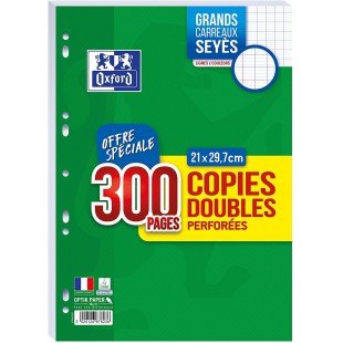 OXFORD Lot de 300 Pages Copies Doubles Perforees A4 (21 x 29,7cm) 90g Grands Carreaux Seyes avec Marge