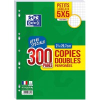OXFORD Lot de 300 Pages Copies Doubles Perforees A4 (21 x 29,7cm) 90g Petits Carreaux 5x5mm avec Marge