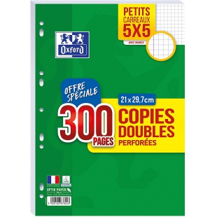 OXFORD Lot de 300 Pages Copies Doubles Perforees A4 (21 x 29,7cm) 90g Petits Carreaux 5x5mm avec Marge