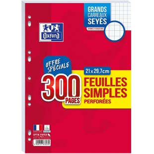 OXFORD Lot de 300 Pages Feuilles Simples Perforees au Format A4 (21 x 29.7cm) Grands Carreaux Seyes