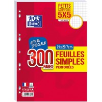 OXFORD Lot de 300 Pages Feuilles Simples Perforees A4 (21 x 29,7cm) 90g Petits Carreaux 5x5mm avec Marge