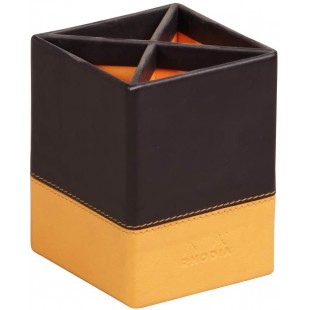 RHODIA 118816C - Pot a  Crayons Noir - 8x8x11 cm - Piqures Sellier Orange - Exterieur Simili Cuir - Collection Home Office Rhodi