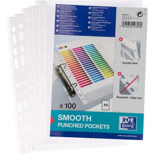 Oxford Brochure pochettes A5, perforees, transparentes, epaisseur 0,06 mm, 100 pieces