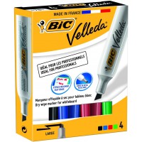 BIC Velleda 1781 Feutres pour Tableau Blanc Effacables a  Sec Pointe Biseautee Large - Couleurs Assorties, Boite de 4