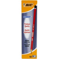 Lot de 12 : BIC Gilbert Crayons a Papier Graphite Premium En Bois Pour Ecrire Et Dessiner - Mine HB, Corps Rouge