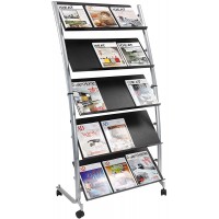 - Presentoir Mobile - 5 Tablettes 3 Documents A4 - Metal et ABS - 51 x 82 x 166 cm - 4 Roulettes et Freins - Montage Facile - Po