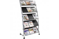 - Presentoir Mobile - 5 Tablettes 3 Documents A4 - Metal et ABS - 51 x 82 x 166 cm - 4 Roulettes et Freins - Montage Facile - Po