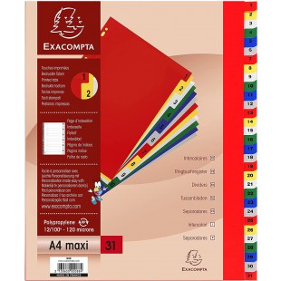 Exacompta - Ref. 88E - Intercalaires en polypropylene avec 31 onglets imprimes numeriques de 1 a  31 en couleur - Page d'indexat