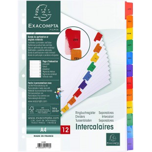Exacompta - Ref. 1113E - Intercalaires en carte blanche 160g/m2 FSC® avec 12 onglets imprimes mensuel de Janvier a  Decembre en 