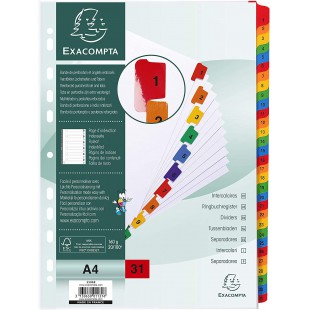 Exacompta - Ref. 1131E - Intercalaires en carte blanche 160g/m2 FSC® avec 31 onglets imprimes numeriques de 1 a  31 couleur - Pa