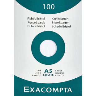 Exacompta 13808B Etui de 100 fiches bristol - blanc ligne non perfore 148x210mm