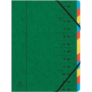Exacompta 54123E Trieur agrafe avec elastiques 12 compartiments interieur en carte couleur vive. Classement de documents format 