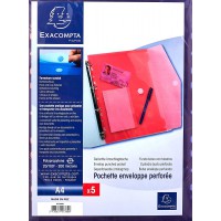 Exacompta - Ref. 57380E - Sachet de 5 pochettes-enveloppes perforees polypropylene - fermeture velcro - A4 - Couleurs assorties