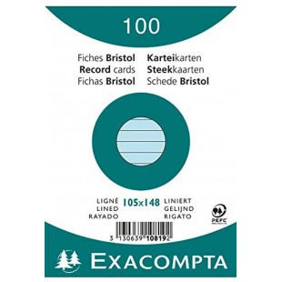 Exacompta 10819SE Paquet de 100 Fiches Bristol sous film 10, 5 x 14, 8 cm ligne Non perforees Bleues Azur