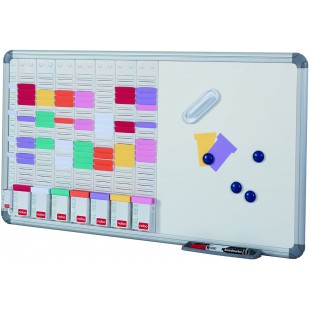 Nobo - Kit Planning Hebdomadaire Mural a  Fiches T avec Tableau Blanc Magnetique, Surface en Acier, 7 Colonnes & 24 Fentes, Indi