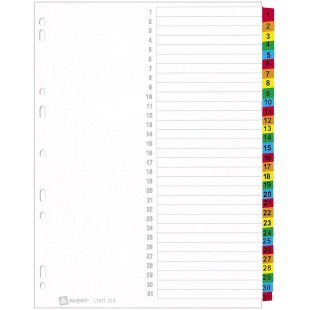AVERY - Intercalaires en carte a  31 touches numeriques (1 - 31) en couleurs assorties, Format A4