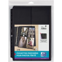 OXFORD Sachet de 10 Pochettes Perforees Pour Photos 10x15cm A4 Polypro Lisse Epaisseur 9/100eme Incolore a  Fond Noir