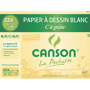 CANSON Pochette papier a  dessin blanc "C" a  GRAIN 24x32cm 12 feuilles 224g/m²