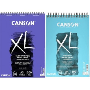 CANSON Album 30 feuilles XL® MIXED MEDIA - spirale petit cote - A3 300g/m² grain moyen - Blanc & Album 30 feuilles XL® AQUARELLE