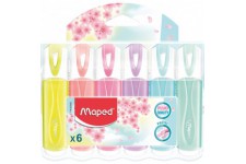 Maped - 6 Surligneurs Fluo'Peps aux Couleurs Pastel - Pointe Biseautee - Surligneurs Longue Duree pour Usage Scolaire et Profess