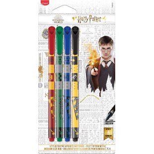 Maped - 4 Feutres Graph'Peps Harry Potter - Pointe Moyenne 0,8 mm - Confort d'ecriture et Dessin - 4 Stylos Feutres Noir, Vert, 