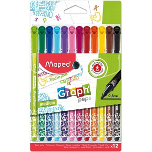 Maped - 12 Feutres Graph'Peps - Stylo Feutre Pointe Medium 0,8 mm - Pointe Resistante - Confort d'ecriture et Dessin - etui de 1