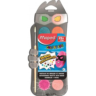 Maped - Palette de Peinture a  l'Eau - 12 Pastilles de Gouache, Pinceau inclus - Couleurs Vives et Pigmentees - Format Nomade Re