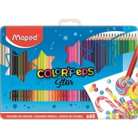 Maped - Crayons de Couleur Color'Peps - 48 Couleurs Vives - Crayon Triangulaire Ergonomique - Boite Metal de 48 Crayons en Bois 